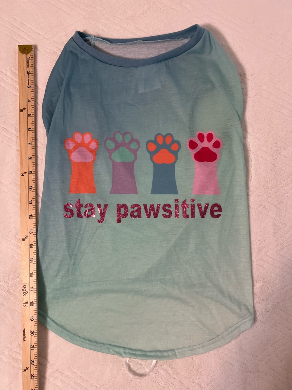 Top Paw Stay Pawsitive Graphic Dog Tee - Mint Greenish Blue with Multicolor Paws